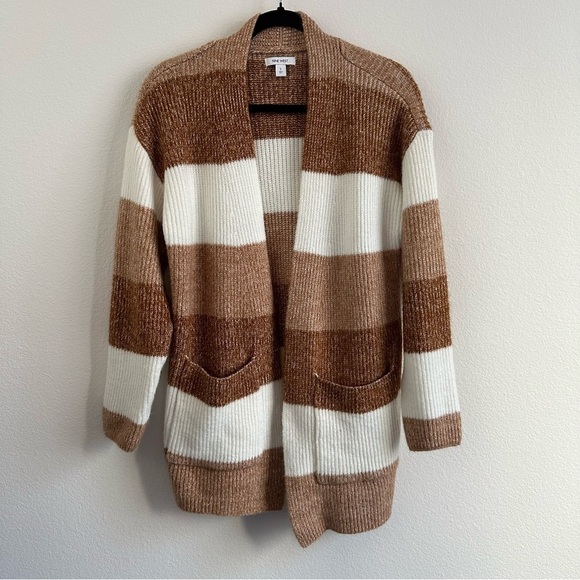 NINE WEST Brown Tan Colorblock Striped Open Front Cardigan Small - Picture 1 of 8